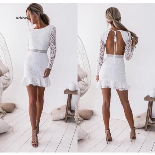 Sexy dresses woman Backless Hips Slim Long Sleeve Lace Dress Women Solid Lace Bodycon Slim Mini Dress Casual Party Dress
