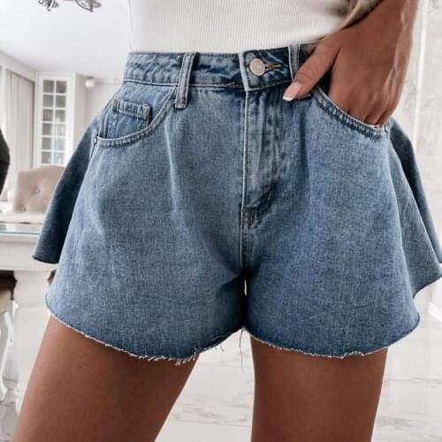 Women Short High Waist Wide Leg Denim Shorts Blue Multi Pockets Button Jean Laddies Wide Legs Shorts Casual Streetwear Summer