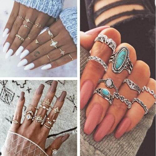 Boho retro beach style Multilayer Elephant Flowers Geometry Crystal Joint Ring Set Fashion Words Jewelry Party Gift