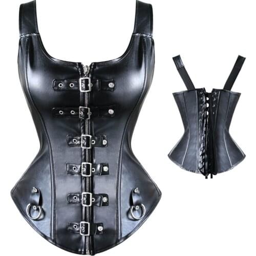 Palace Sexy Leather Corset Belt With Diamond Buckle Black Leather Wide Shoulder Strap Gothic Style Corsets Black Plus Size S-6XL