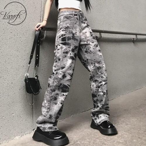Varofi large size loose wide leg tie dyed straight pants casual jeans boyfriend pants the same y2K pants jeans for women