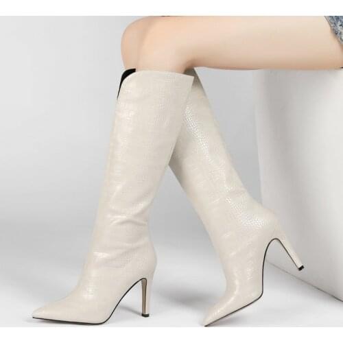 2021 Lady Stone Pattern Rider Boots Slip On Spring Autumn Large Size Knee High Boots Female Stiletto Pointed Winter Women Shoes