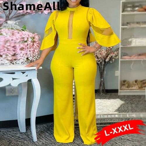 Plus Size Sexy See Through Sheer Mesh Patchwork Jumpsuits 4xl Cape Sleeve Loose Wide Leg Pants Bandage Playsuits Club Rompers