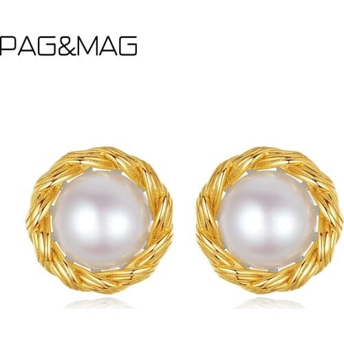 PAG&MAG White Balck Natural Freashwater Pearl Stud Earrings For Women Girl 925 Sterling Silver Brincos Wedding Statment Jewelry