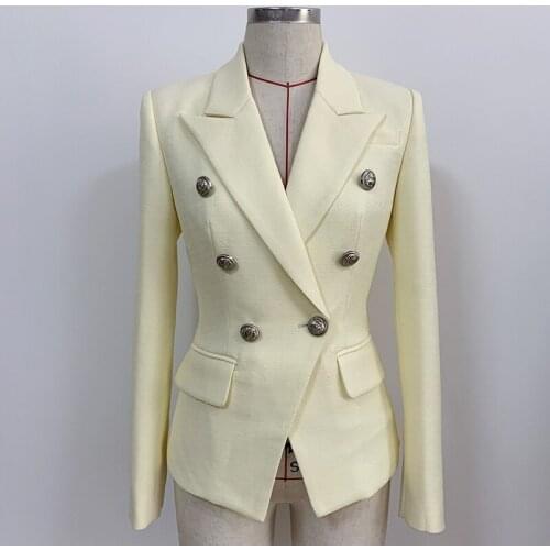 Newest HIGH QUALITY 2021 Classic Designer Jacket Womens Silver Lion Buttons Double Breasted Slim Fit Textured Blazer Outer Wear