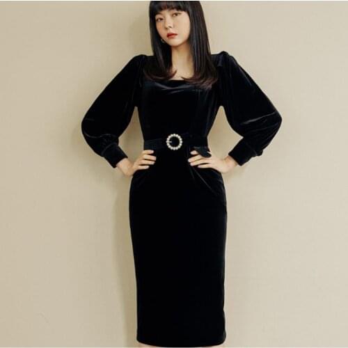 Vintage French style elegant velvet dress women square collar autumn puff sleeve Belted Fashion Ladies dress