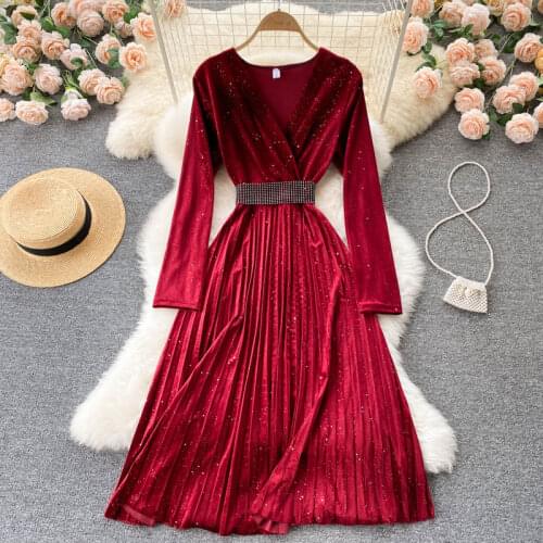Aibeautyer New Autumn Vintage Solid Slim Lady Full Dress A Line V Neck Chiffon Mid-Calf Pullover Women Medium Dresses