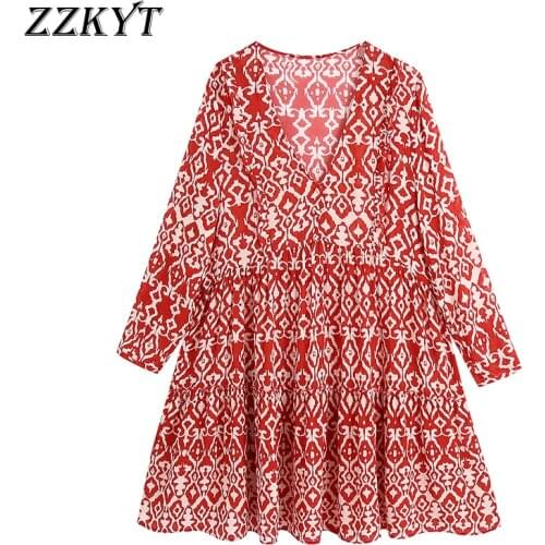 ZZKYT 2021 Women Spring Fashion Floral Print Ruffles Mini Dress Vintage V-Neck Long Sleeve Button Female Casual Dresses Vestidos
