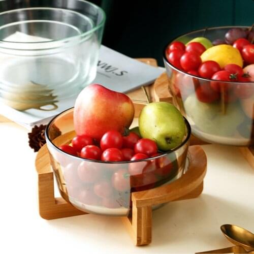 1 Set Glass Salad Bowl Bowl With Wooden Base Food Serving Bowl Glass Fruit Dish Vegetable Salad Bowl With Base Microwave Bowl