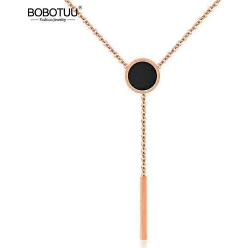 BOBOTUU Rose Gold Color Female Round Black Cake Necklace Titanium Steel Tassel Pendant Neckalce For Christmas Gift BN17064