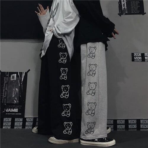 Black Bear Print Pants Cute Girl Harajuku Autumn Trousers Female Streetwear Summer Spring Fashion Gray Gothic Sweatpants Women