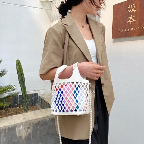 Designer Women Handbags Pearls Beading Shoulder Crossbody Bags Summer Beach Bag Big Tote Purses 2022 Casual Hollow Basket Bag