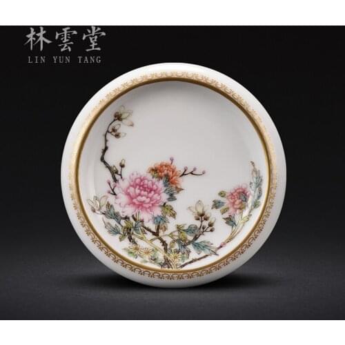 Ceramics, hand-painted enamel, peony cover, elegant national color, gold painted tea ceremony accessories, Jingdezhen