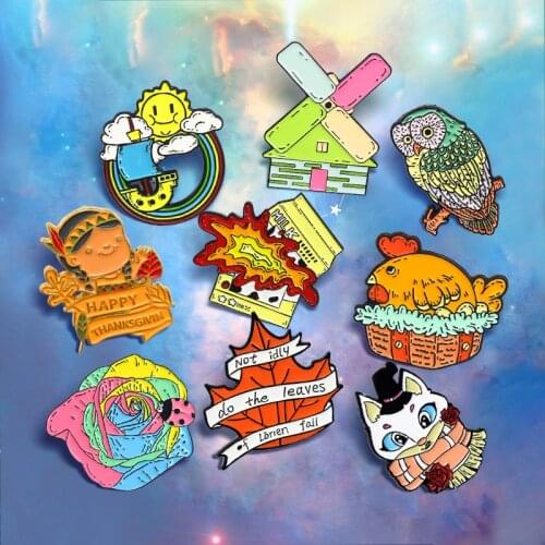 Cat Fox Rat Hen Insect Ladybug Rose Brooches Animal Plant Rainbow HAPPY THANKSGIVIN Enamel Pin Brooch Jewelry Gift for Girl Kids