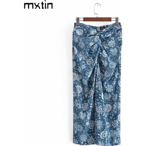 MXTIN 2021 Women Summer Fashion Floral Print Midi Skirt Vintage Pleated Split Office Ladies Casual Faldas Vestidos Mujer