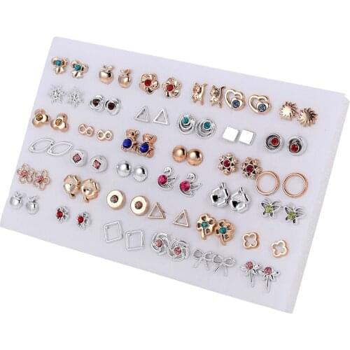 36pairs/set Silver Color Flower Stud Earring Set For Women Girl Rhinestone Bear Animals Kids Earrings Jewelry Gift Mix Style