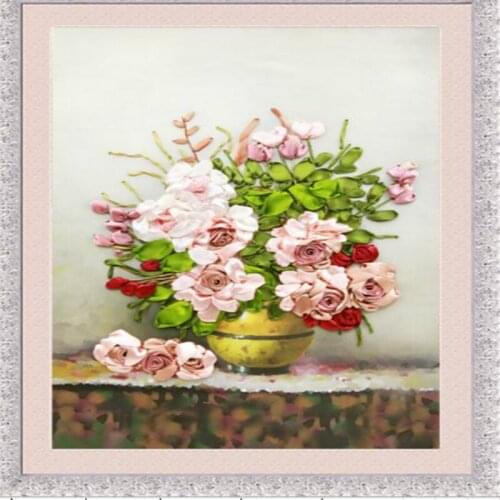 New cross stitch living room bedroom dining room printing 3d color printing ribbon embroidered roses hanging painting decor gift