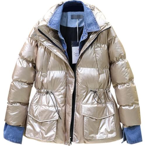 2020 New Winter Women Jacket Korean loose glossy denim stitching down cotton coat girl fashion waist thickened bread serviceTide