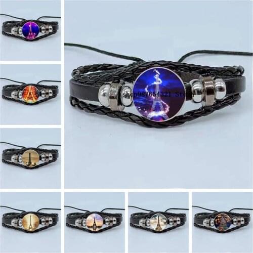 New Eiffel Tower Photo Landscape Bracelet Glass Round Dome Bracelet Multilayer Woven Leather Bracelet Jewelry