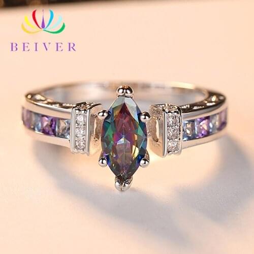 Beiver 2019 New Arrival White Gold Color Rainbow Oval Zircon Promise Wedding Bands Rings for Women Party Jewelry Ladies Gifts