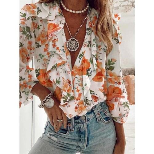 Autumn Pullover Tops Women Clothes Elegant Chiffon Shirt Female Stylish Ruffles Blouse V-Neck Long-Sleeved Large Size Blouse