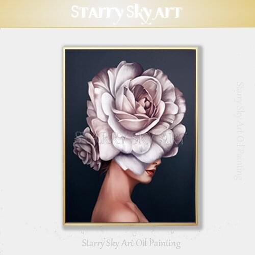 Excellent Artist Hand-painted High Quality Luxury Wall Art Lady Face with Flower Portrait Oil Painting for Salon Wall Decoration