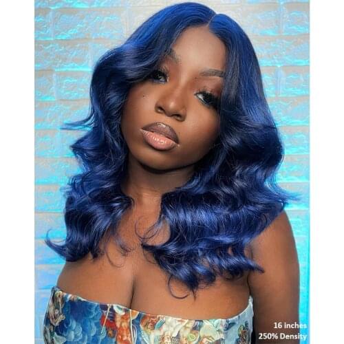 13x4 Dark Blue Human Hair Lace Front Wigs Short Bob Closure Wig Wavy Brazilian Remy Pre Plucked T Part Lace Wig 250% Blunt Cut