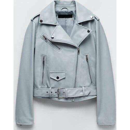 2021 New Spring Autumn Women Black Faux Leather Jacket Solid Zipper With Belt Biker Coat Female Casual Outerwear Tops