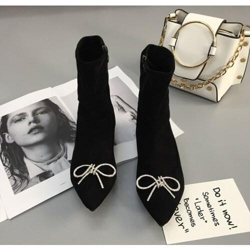 Glitter crystal bow-knot flat heels chelsea boots women slim black socks botas pointed toe side zipper ankle short botines femme