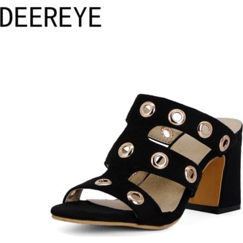 Womens Slippers Hollow Out Block High Shoes Metal Hole Medium Heel Sandals 8cm Ladies Heeled Mules For Party