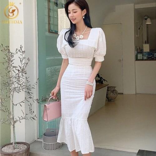 Korean Chic Two Pieces Set Women Summer Puff Short Sleeves Tops + High Waist Mermaid Skirts White Embroidery Office Lady Suit