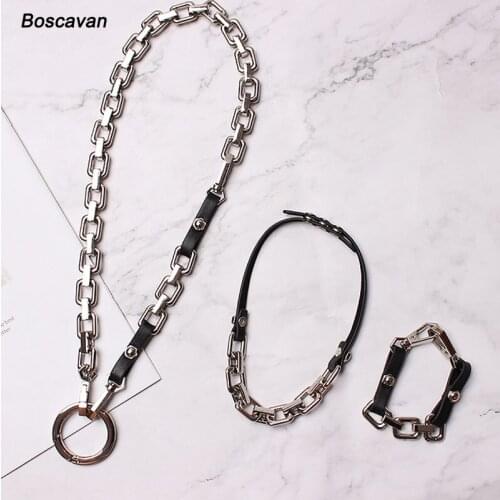 Handmade Punk Gothic Women Chain Choker Leather Collar Link Metal Chains Collar Necklace Cuff Bracelet