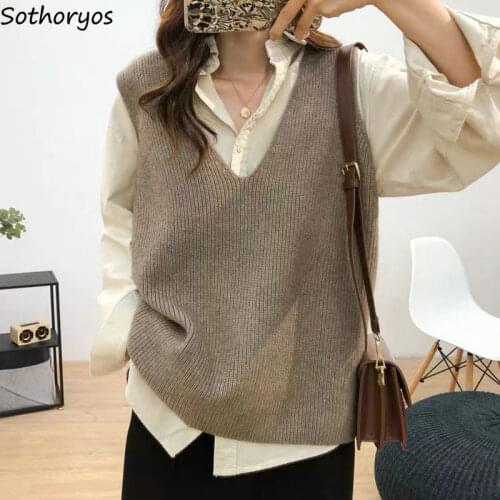 Sweater Vest Women Solid All-match Fashion Elegant Classic V-neck Korean Style Retro Streetwear Loose Leisure Chic Cozy Ladies