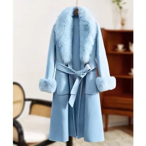 Real Fur Coat Women 2021 Winter Jacket Women Natural Fox Fur Collar Cashmere Wool Blends Long Outerwear Ladies Streetwear