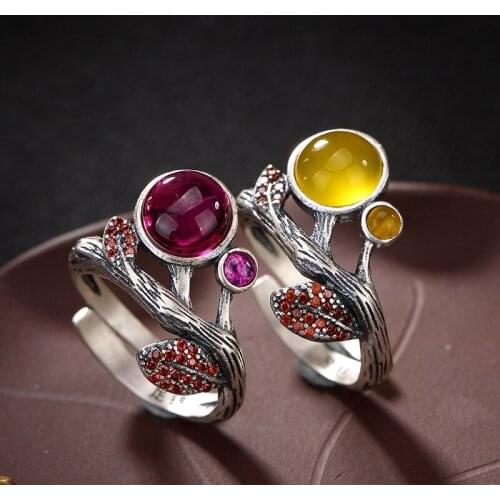 Pulp red corundum female ring wholesale sterling silver restoring ancient ways is han edition leaves branches openings