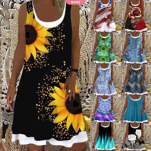 2021 Fashion Summer Womens Round Neck Sleeveless Pleated Print Dress Beach Skirt Ladies Party Dress