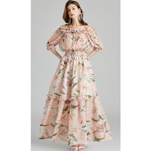 Summer Sexy Slash Neck Vacation Party Dress Women Runway Off Shoulder Tulip Floral Print Elastic Waist Bohemian Lady Long Dress