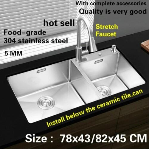 Free shipping Standard kitchen manual sink double groove 5 mm durable 304 food grade stainless steel big hot sell 78x43/82x45 CM