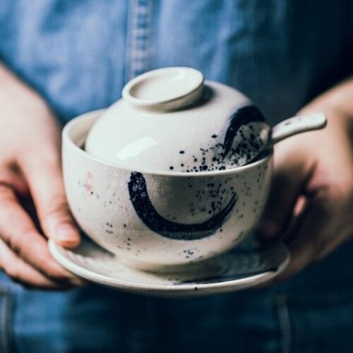 Japanese style soup cup ceramic stew cup with lid and spoon bottom plate set restaurant restaurant soup pot small soup cup desse