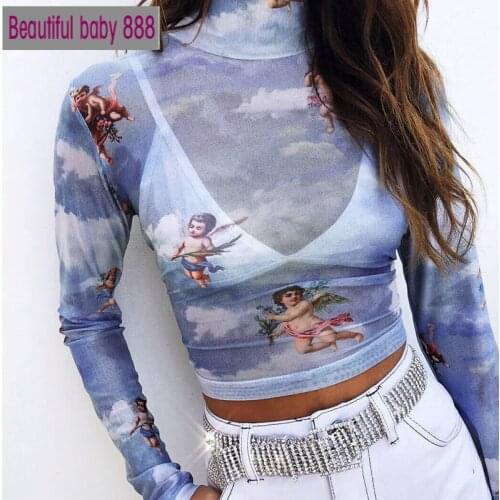 Sexy Women T Shirt See Through Transparent Mesh Tops Long Sleeve Sheer Slim Ladies Turtleneck T-Shirt New Arrival Women tshirt