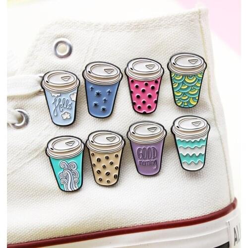 Hot Coffee Drink "Good Morning" Foam Tea Cup Alloy Brooch Cartoon Decoration Drink Paper Cup Metal Cover Ornament Christmas Gift