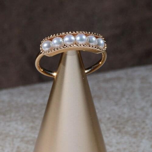 18K import Solid Yellow Gold Jewelry(AU750) Women Single Row Natural Freshwater Pearls Elegance lady Ring Simple Refined Style