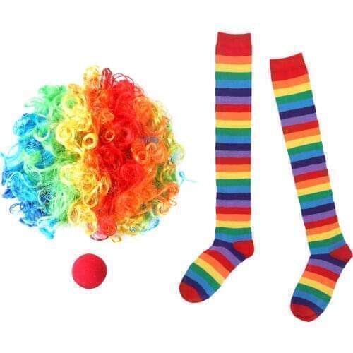 Clown Wigs Sponge Nose Knee Thigh High Sock Circus Clown Fancy Dress Up Masquerade Cosplay Props Halloween Party Supplies Set