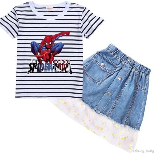 Disney SpideMan Girls' clothing set Summer childrens striped T-shirt + denim skirt casual sports set childrens clothing set