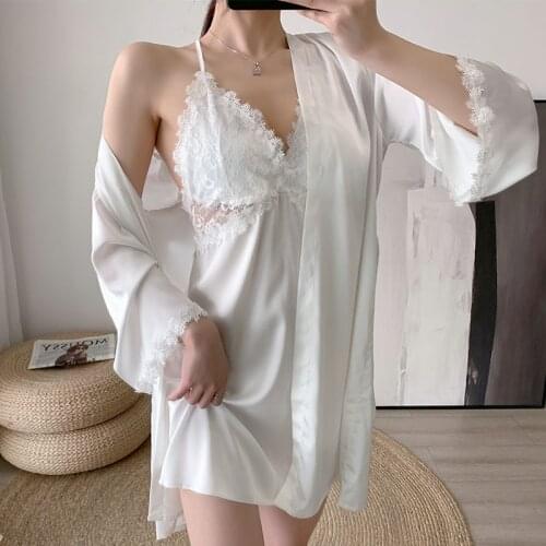 Sexy White Wedding Robe Set Women Nightgown Faux Silk Satin Kimono Bathrobe Gown Loose Loungewear Summer Home Dressing Gown