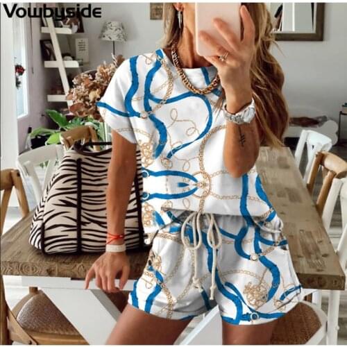Summer Womens Suit Casual Loose Fashion Printing Round Neck Short-sleeved T-shirt Lace up Shorts Sets