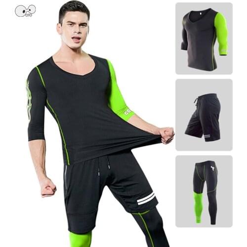2019 Summer Jogging Sportswear Clothing Men 3pcs Quick Dry Running Set Compression Fitness Gym Three-Quarter Sleeve Sport Suit