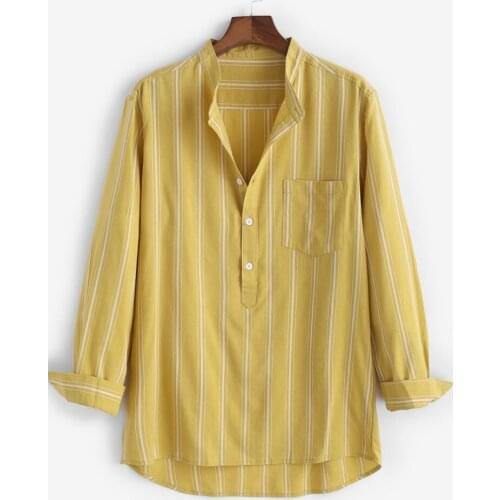 Mens Fall Stand Collar Retro Striped Printed Corduroy Long Sleeve Shirt Fashion Casual Trend High-end Shirt Mens Clothing Top