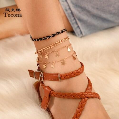 Tocona Boho 4pcs/sets Bohemian Black Rope Anklet Bracelets for Women Star Foot Chain Sets Summer Jewelry Accessories 8383