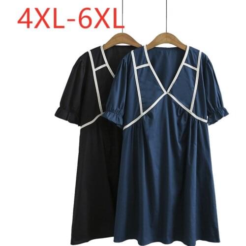 New 2021 Ladies Summer Plus Size Mini Dress For Women Large Short Sleeve Casual Loose Blue Cotton Pleated Dress 4XL 5XL 6XL